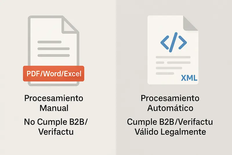 Factura Electrónica Obligatoria 2025: Guía Definitiva ✅ 5 Comparativa visual entre un PDF simple y una factura electrónica Facturae (XML)