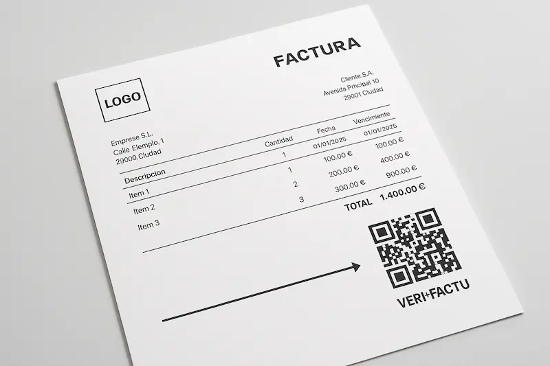 Factura Electrónica Obligatoria 2025: Guía Definitiva ✅ 4 Ejemplo de una factura con el código QR Verifactu obligatorio incrustado