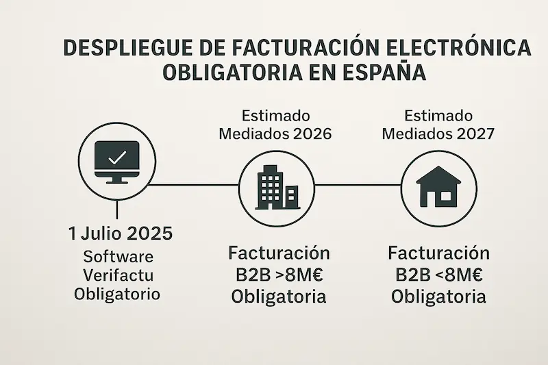 Factura Electrónica Obligatoria 2025: Guía Definitiva ✅ 2 Línea de tiempo visual de la factura electrónica obligatoria en España 2025-2027 y cuándo entra en vigor