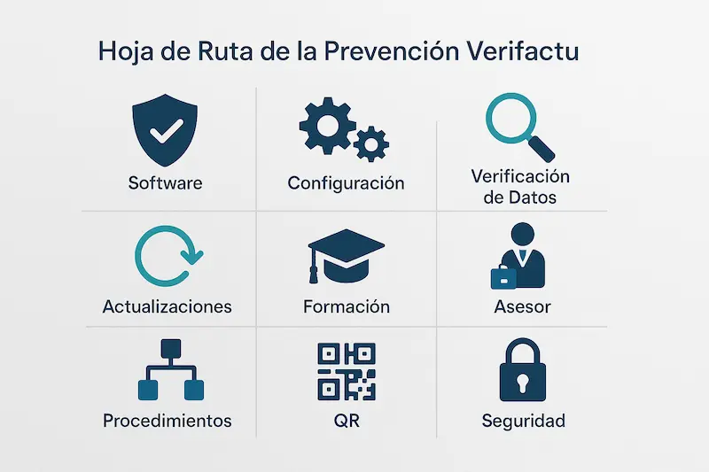 Infografía con los 9 pasos clave para prevenir errores Verifactu.