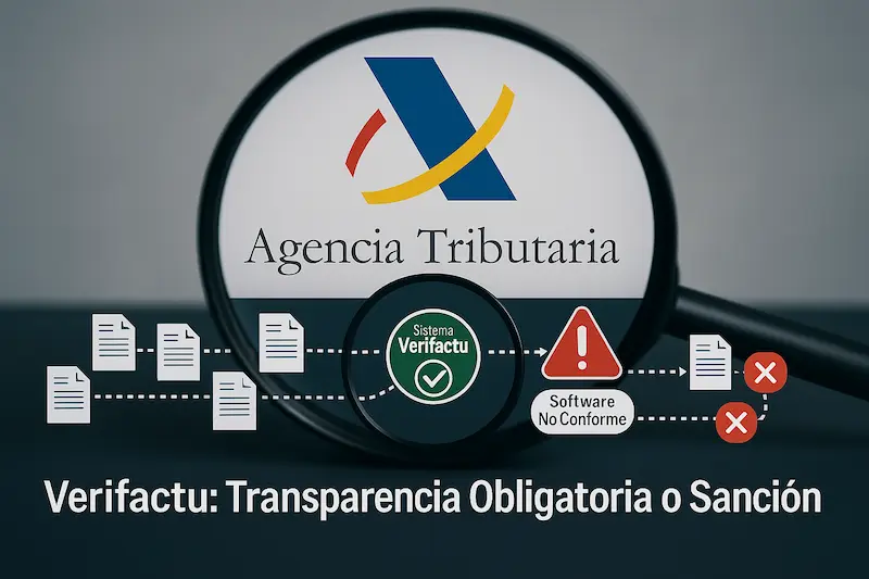 💥 Sanciones Verifactu 2025: ¡Evita Multas AEAT de 50K€ a 150K€! 🚨 1 Infografía conceptual: Logo AEAT con lupa sobre facturas y sistema Verifactu, simbolizando el control y las posibles sanciones Verifactu por fraude.