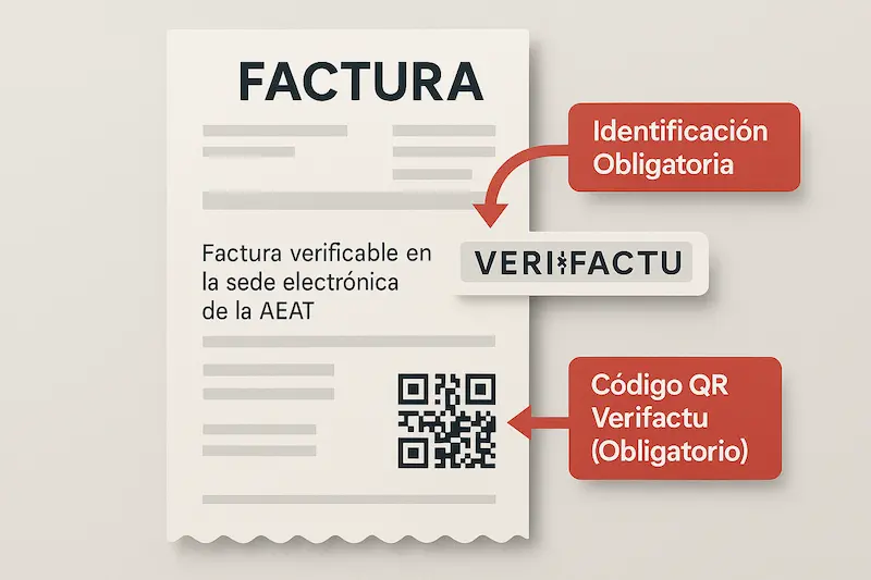 Infografía detallada que desglosa una factura de ejemplo, con flechas señalando los nuevos elementos obligatorios del modelo factura Verifactu: el código QR y la frase 'Factura verificable en la sede electrónica de la AEAT'.