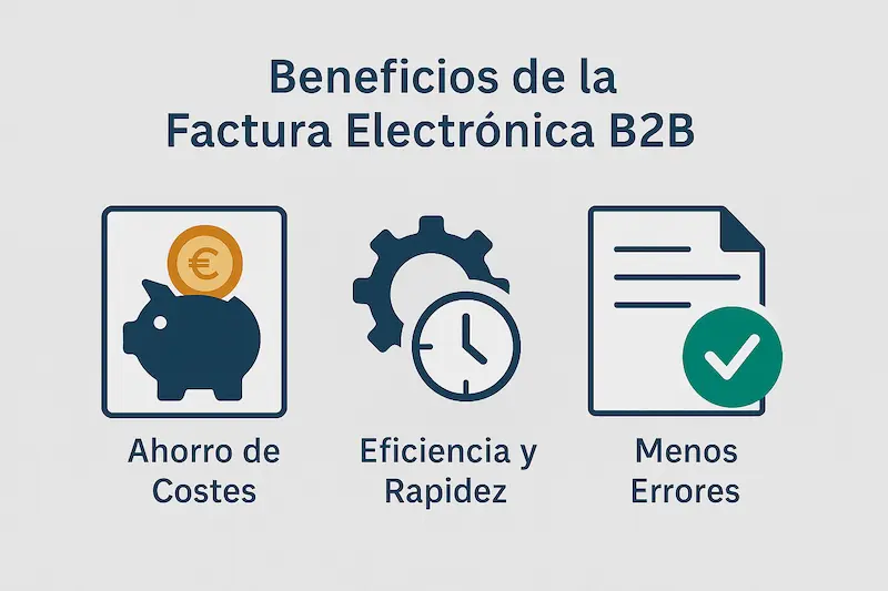 Factura Electrónica B2B: La Guía Definitiva para Empresas y Autónomos en España 3 Iconos representando los beneficios de la factura electrónica B2B: ahorro, eficiencia, rapidez.