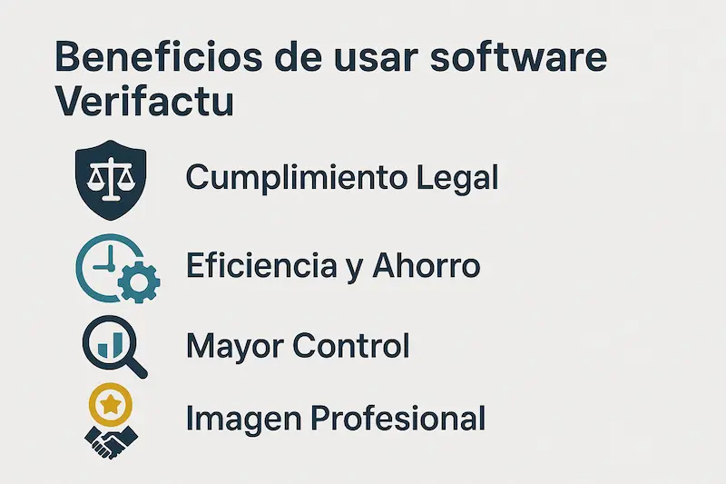 Programa Verifactu AEAT: ¿Existe Realmente? Guía Definitiva 2025 para Cumplir 3 Infografía listando los beneficios de usar un software Verifactu: cumplimiento, eficiencia, control, imagen profesional.