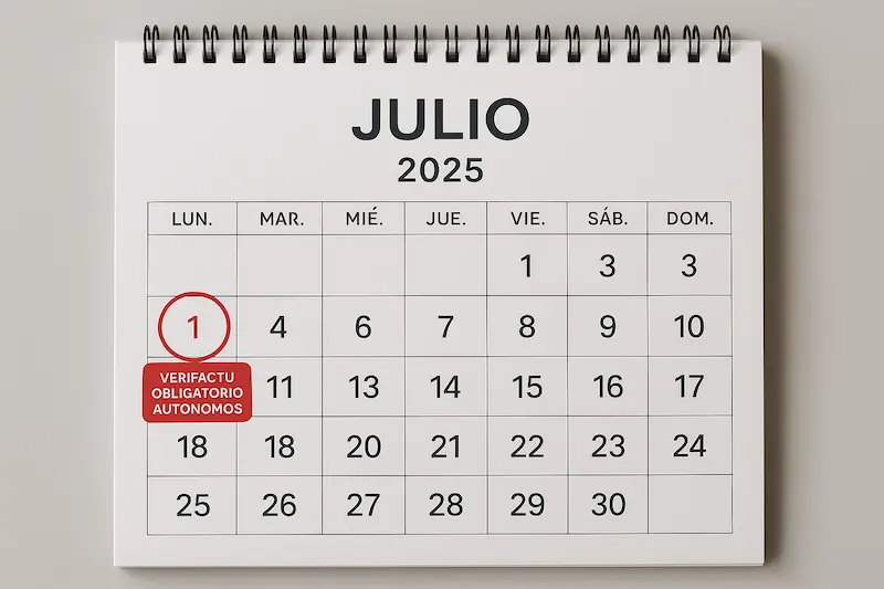 Calendario de 2025 resaltando la fecha del 1 de julio como inicio de Verifactu para autónomos.