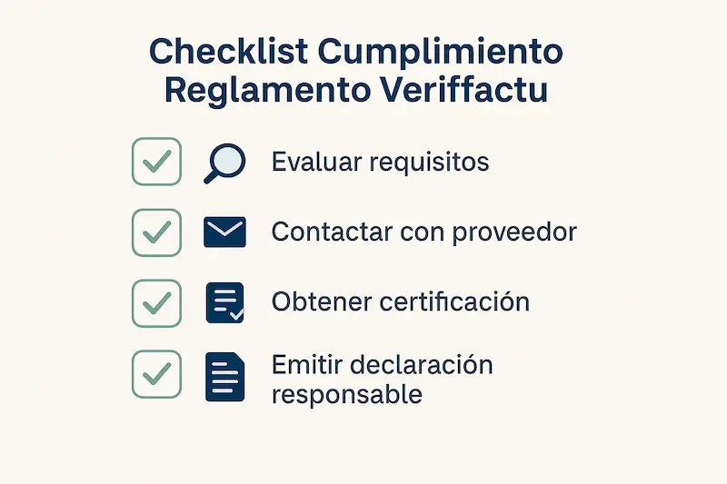 Reglamento Verifactu 2025: Qué Exige el BOE y Cómo Cumplirlo Sin Sanciones 3 Checklist con los pasos para asegurar el cumplimiento del Reglamento Verifactu 2025.