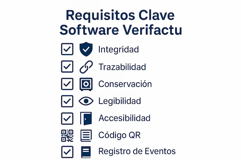 Una infografía en formato checklist que resume los requisitos técnicos clave de un software Verifactu, ayudando a los usuarios a cómo verificar si mi software cumple verifactu.