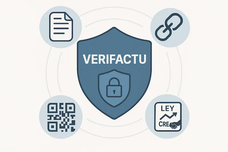 Un diagrama que muestra los pilares técnicos de Verifactu: registro, hash, encadenamiento y código QR, formando un escudo de seguridad.