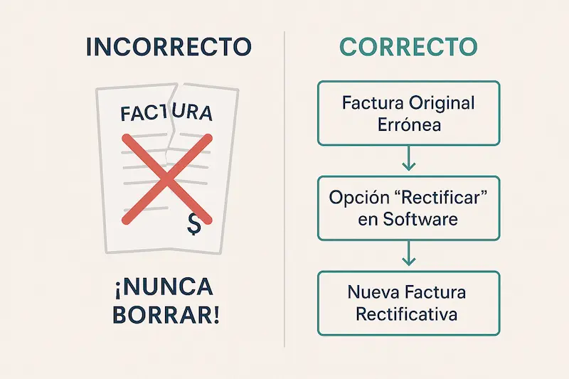 Infografía comparando la forma incorrecta (borrar) y la forma correcta (rectificar) de corregir un error en una factura Verifactu.