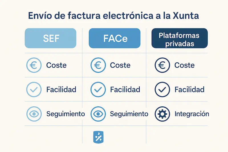Factura Electrónica Xunta 2025: Obligaciones, Normativa y Métodos 3 Infografía comparativa métodos envío factura electrónica Xunta (SEF, FACE, Plataformas)