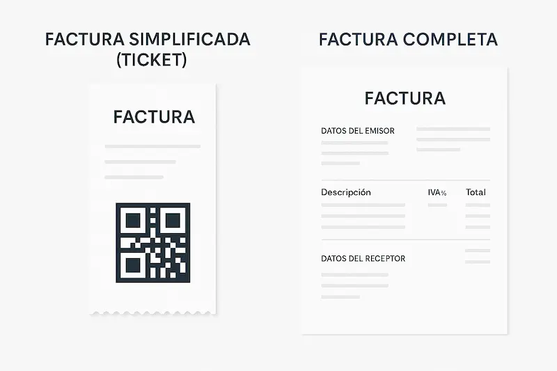 Imagen comparando el aspecto de una factura simplificada (ticket con QR) y una factura completa (más detallada y sin QR obligatorio).
