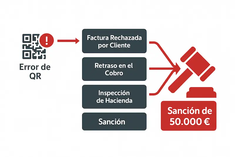 Un diagrama de flujo mostrando cómo un pequeño problema en Verifactu puede escalar a sanciones, pérdida de clientes y problemas operativos.