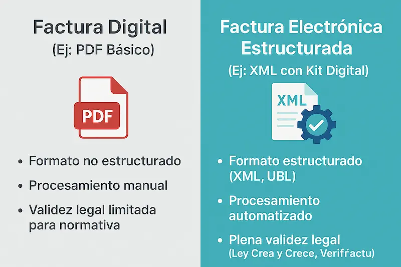 Kit Digital Factura Electrónica: La Ayuda que Necesitas para Cumplir la Obligación en 2025 1 Infografía comparativa entre factura digital (PDF simple) y factura electrónica estructurada (XML, legal) para Kit Digital.