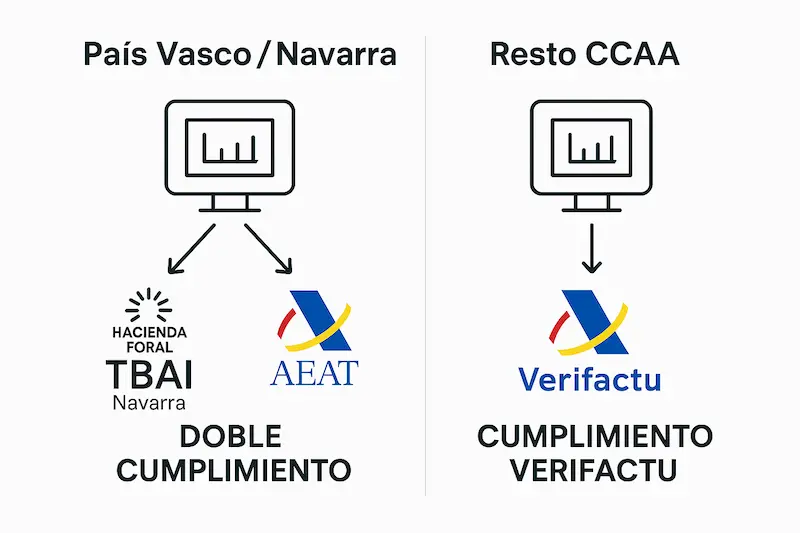 Factura Electrónica por Comunidades Autónomas: Guía Completa 2025 (Diferencias y Sistemas) 1 Diagrama comparativo mostrando la doble exigencia de TicketBAI y Verifactu en País Vasco/Navarra frente a solo Verifactu en el resto de comunidades autónomas.