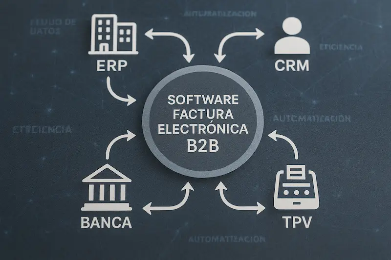 Factura Electrónica B2B: La Guía Definitiva para Empresas y Autónomos en España 6 Diagrama del ecosistema de integración de la factura electrónica B2B con ERP, CRM y TPV, mostrando un flujo de datos eficiente.