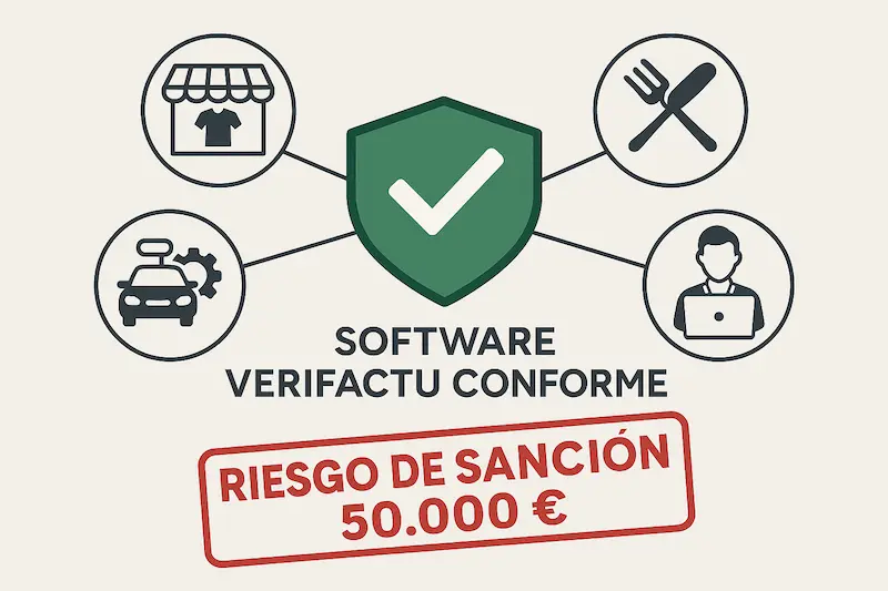 Infografía mostrando diferentes tipos de negocios (tienda, restaurante, oficina) conectados a un escudo central de Verifactu y la AEAT.