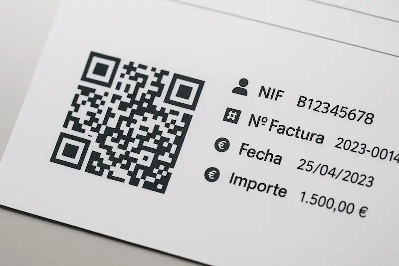 Reglamento Verifactu 2025: Qué Exige el BOE y Cómo Cumplirlo Sin Sanciones 2 Ejemplo de un código QR en una factura Verifactu con información legible al escanear.