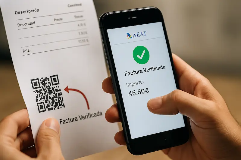 Imagen que muestra una mano sosteniendo un smartphone que está escaneando un ejemplo de QR Verifactu en una factura, y en la pantalla del teléfono se ve el logo de la AEAT con datos verificados.