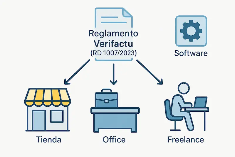 Reglamento Verifactu 2025: Qué Exige el BOE y Cómo Cumplirlo Sin Sanciones 1 Infografía mostrando diferentes tipos de empresas y autónomos afectados por el Reglamento Verifactu 2025.