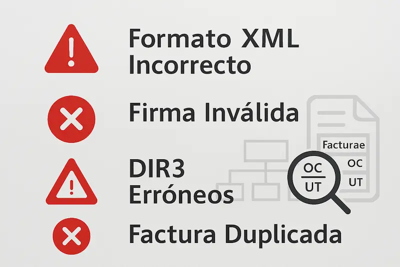 Iconos de alerta representando errores comunes al enviar facturas FACE.