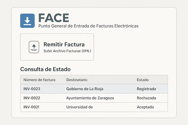Factura Electrónica Gobierno de La Rioja: Guía Completa 2025 ✅ 3 Interfaz del portal FACE mostrando el proceso de envío de una factura electrónica (subir archivo XML) y la consulta de su estado de tramitación para el Gobierno de La Rioja.