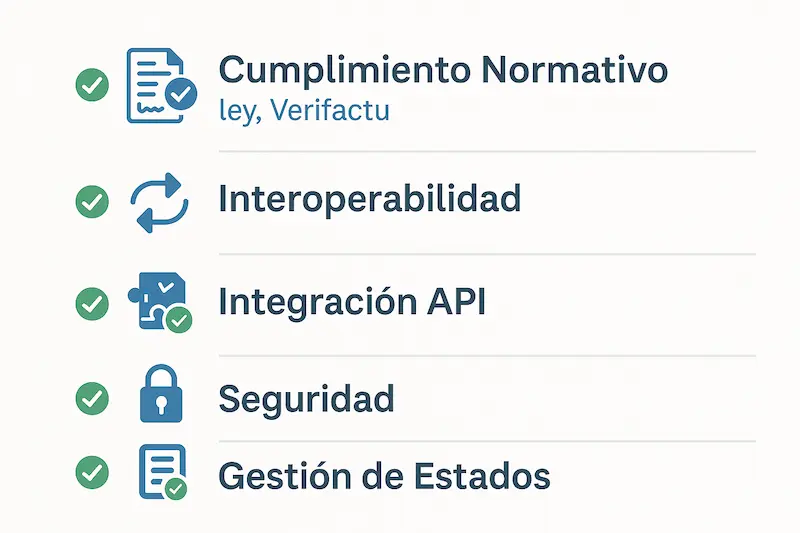 Factura Electrónica B2B: La Guía Definitiva para Empresas y Autónomos en España 7 Checklist visual con iconos de las funcionalidades imprescindibles de un software de factura electrónica B2B para 2025.