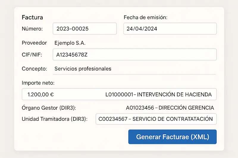 Factura Electrónica Gobierno de La Rioja: Guía Completa 2025 ✅ 2 Pantalla de software generando una factura electrónica en formato Facturae para el Gobierno de La Rioja.