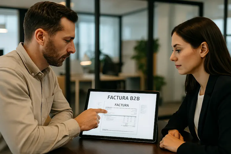 Factura Electrónica B2B: La Guía Definitiva para Empresas y Autónomos en España 5 Dos empresarios intercambiando una factura electrónica B2B en una pantalla digital en un entorno de oficina moderno.