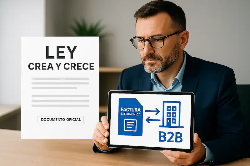 Factura Electrónica B2B: La Guía Definitiva para Empresas y Autónomos en España 1 Portada estilizada de la Ley Crea y Crece junto a un icono de factura electrónica B2B.