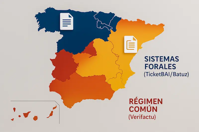 Verifactu y TicketBAI Diferencias (2025): Guía Definitiva País Vasco 🤔 2 Un mapa de España destacando el País Vasco y Navarra con un color diferente, y el resto del territorio común con otro, para ilustrar los ámbitos de aplicación de TicketBAI y Verifactu.