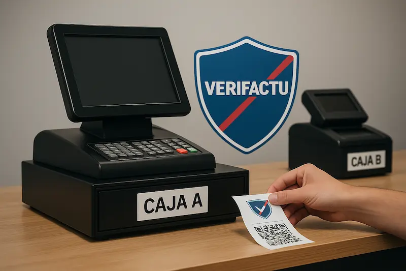 Una ilustración que muestra una caja registradora B oculta siendo tachada por el escudo de Verifactu.