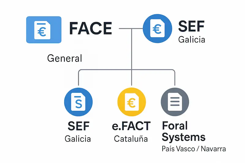 Factura Electrónica por Comunidades Autónomas: Guía Completa 2025 (Diferencias y Sistemas) 2 Comparativa visual de las plataformas de factura electrónica B2G por comunidades autónomas: FACE (general), SEF (Galicia), e.FACT (Cataluña) y sistemas forales.