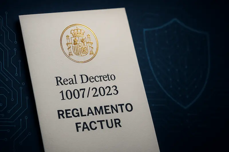 Portada ilustrativa del Reglamento de Factura Electrónica (RD 1007/2023) en España, con un documento oficial y elementos digitales.