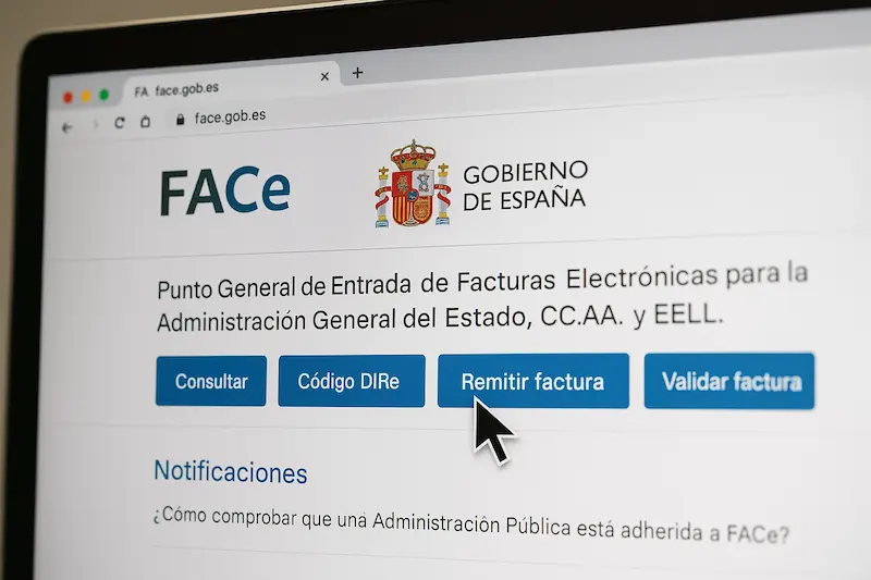 Pantalla del portal face.gob.es destacando la opción "Remitir Factura" para el envío de facturas electrónicas.
