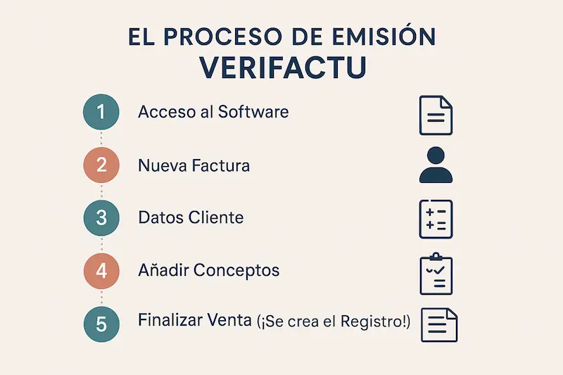Infografía vertical que resume en 8 pasos el proceso completo de cómo emitir una factura con Verifactu.
