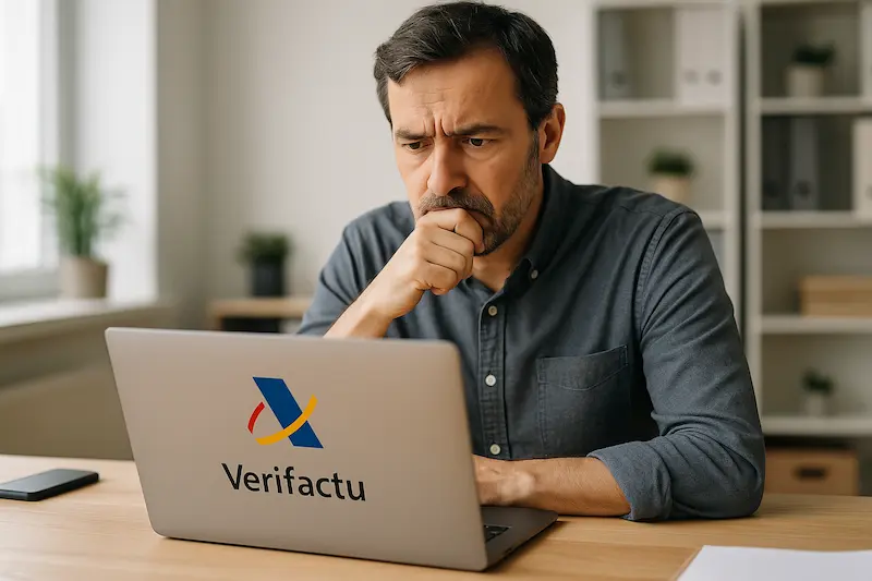 Programa Verifactu AEAT: ¿Existe Realmente? Guía Definitiva 2025 para Cumplir 1 Un empresario pensativo frente a un ordenador con el logo de la AEAT y el texto Verifactu, buscando soluciones para el programa Verifactu AEAT.