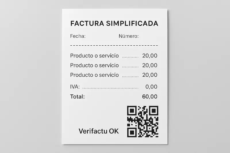 Factura Electrónica por Comunidades Autónomas: Guía Completa 2025 (Diferencias y Sistemas) 3 Ejemplo visual de una factura simplificada con el código QR obligatorio exigido por el sistema Verifactu en España a partir de 2025.