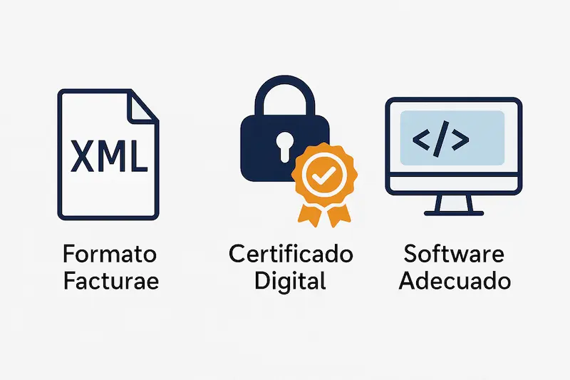 Iconos de los requisitos para la factura FACE: Formato Facturae, Certificado Digital y Software de Facturación.