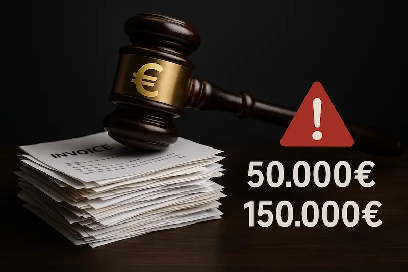 Verifactu: Qué Es, Cómo Funciona y a Quién Afecta en 2025 4 Ilustración representando las sanciones por no cumplir con Verifactu, como un mazo de juez golpeando monedas o un símbolo de multa elevada.