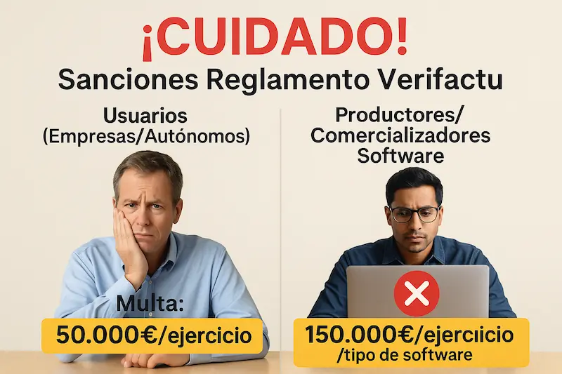 Reglamento Verifactu 2025: Qué Exige el BOE y Cómo Cumplirlo Sin Sanciones 4 Infografía sobre las sanciones por incumplimiento del Reglamento Verifactu para empresas y desarrolladores.