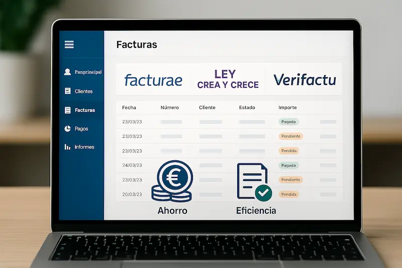 Factura Electrónica B2B: La Guía Definitiva para Empresas y Autónomos en España 4 Pantalla de ordenador mostrando una interfaz de software de facturación electrónica B2B con logos de Crea y Crece y Verifactu.