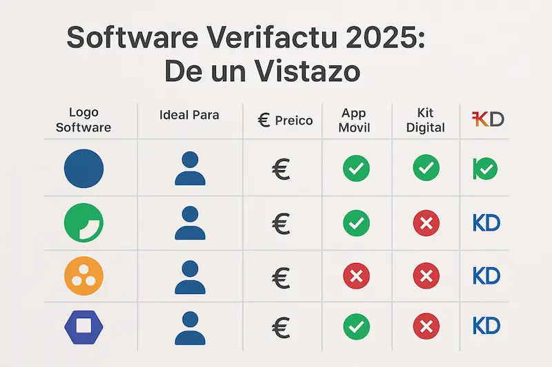 Comparativa Verifactu Programas 2025 📊 Elige el Mejor HOY 5 Tabla comparativa visual de programas Verifactu 2025 con iconos de características.