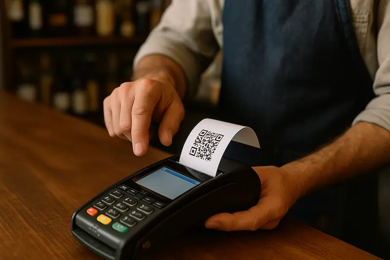TPV emitiendo un ticket con un código QR visible, relacionado con Verifactu para autónomos.