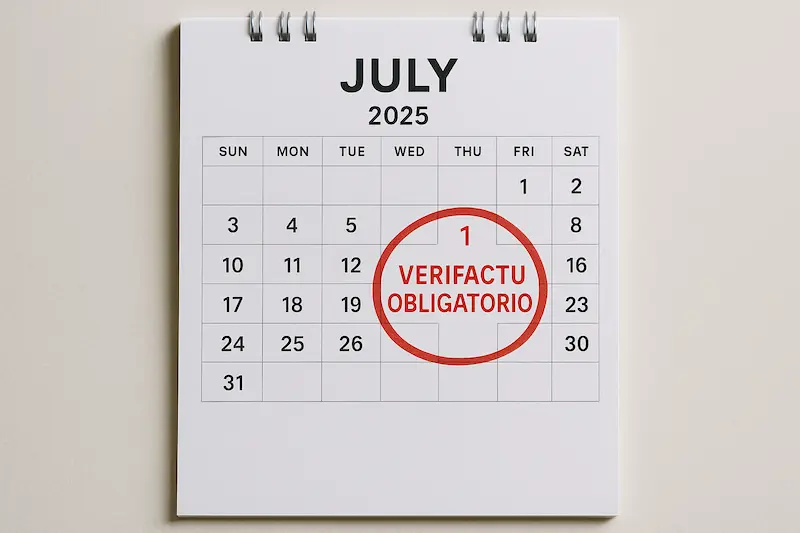Verifactu: Qué Es, Cómo Funciona y a Quién Afecta en 2025 3 Calendario mostrando la fecha límite de entrada en vigor de Verifactu: 1 de julio de 2025, destacada en rojo.