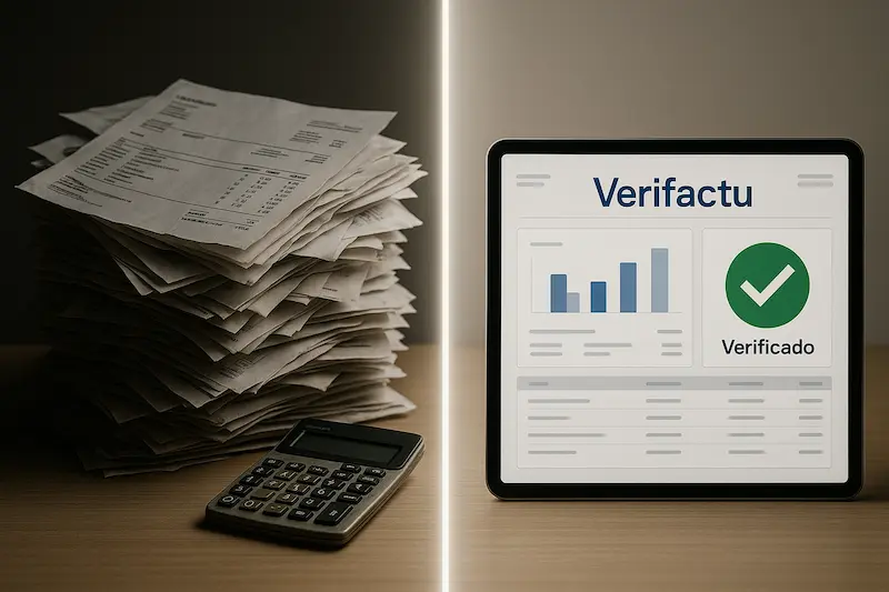 Verifactu vs Facturación Tradicional: 7 Diferencias Clave (Plazos y Sanciones 2025) 1 Imagen comparativa de Verifactu vs facturación tradicional, mostrando un documento en papel desordenado a un lado y una interfaz de software digital ordenada al otro.