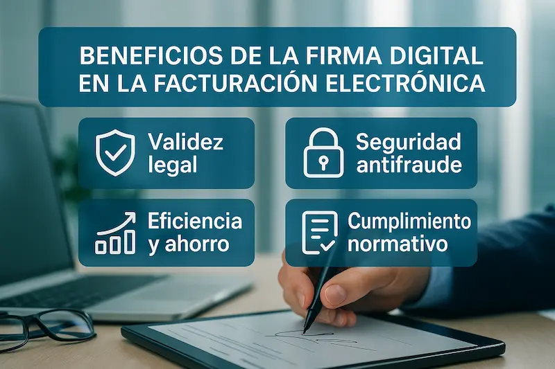 Firma digital: qué es y para qué sirve en la facturación electrónica (Guía 2025) 3 Infografía mostrando los beneficios de la firma digital en una factura electrónica: validez legal, seguridad, ahorro.