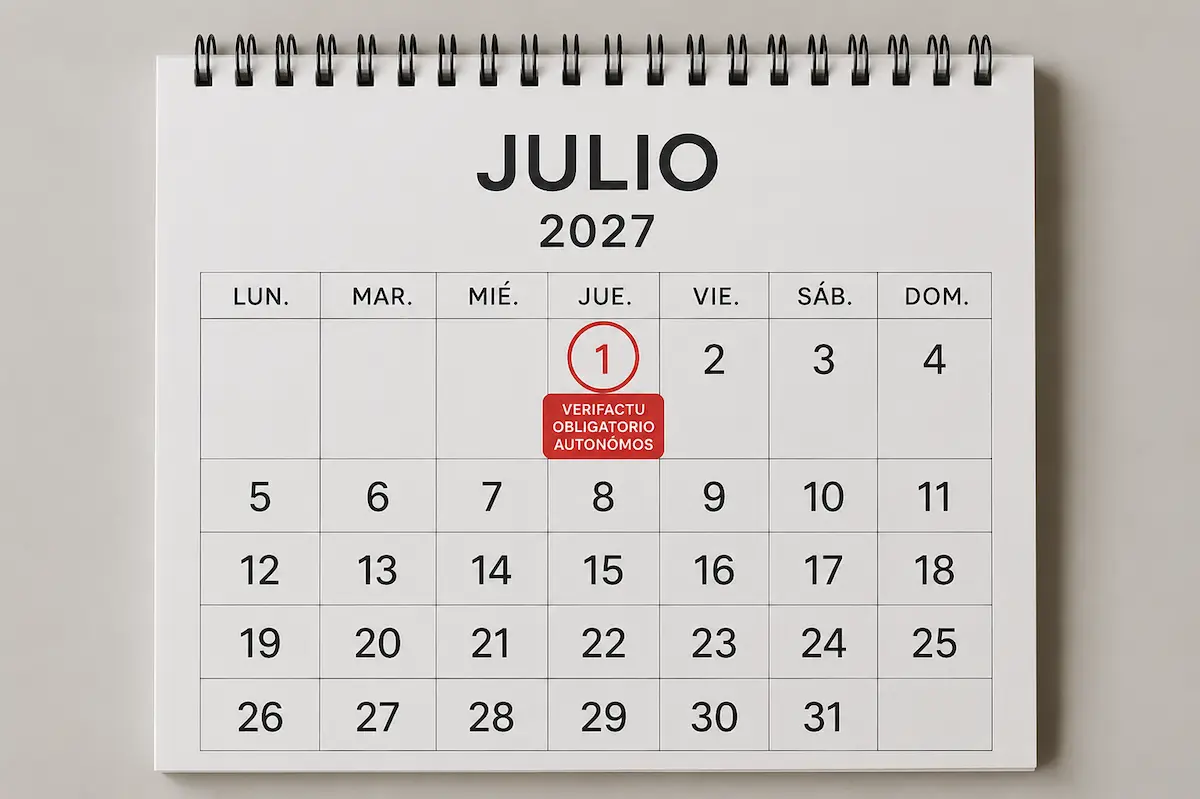Calendario con la fecha del 1 de julio de 2027 marcada como inicio de la obligación de Verifactu para autónomos