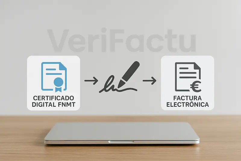 📥 Certificado Digital FNMT: cómo obtenerlo, instalarlo y renovarlo paso a paso 2 Icono de certificado digital FNMT junto a un documento de factura electrónica y un símbolo de firma.