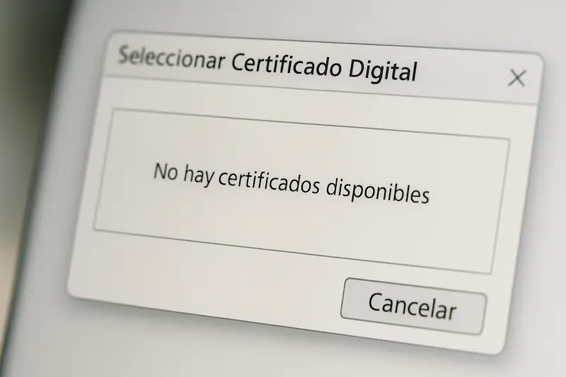 Ventana de selección de certificado digital vacía o sin el certificado esperado, un típico error firma digital.