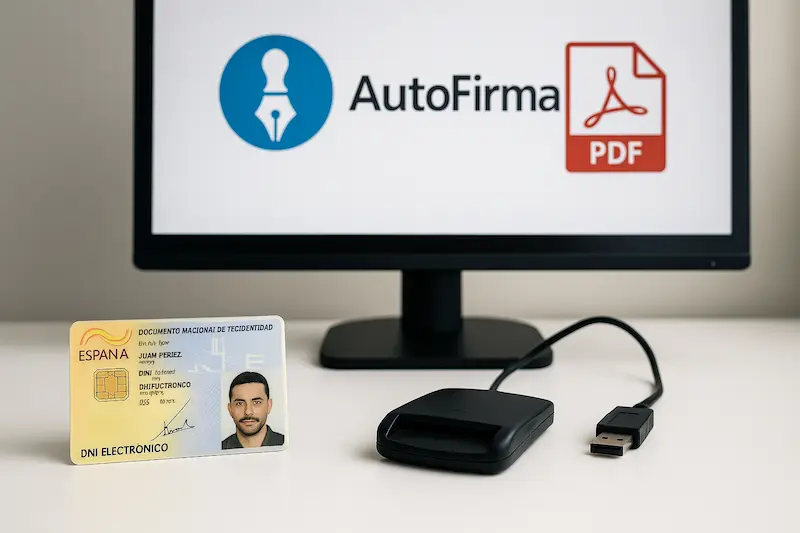 ✅ Firma Digital PDF con Certificado: Guía Completa 2025 3 Componentes para la firma digital PDF con DNIe: DNI electrónico, lector de tarjetas y pantalla de ordenador con software de firma.
